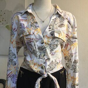 GUESS Printed Blouse Long Sleeve Button Down Tie Front Dual Chest Pocket Logo M